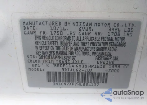 2017 Nissan Versa 1.6 Sl z USA, uszkodzony, nr VIN 3N1CN7AP7HL826137